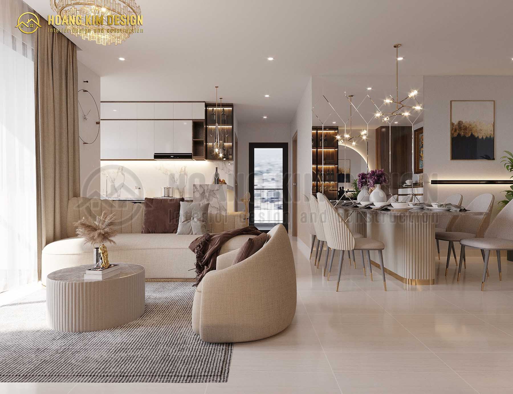 Phòng khách và phòng bếp được thiết kế theo kiểu không gian mở