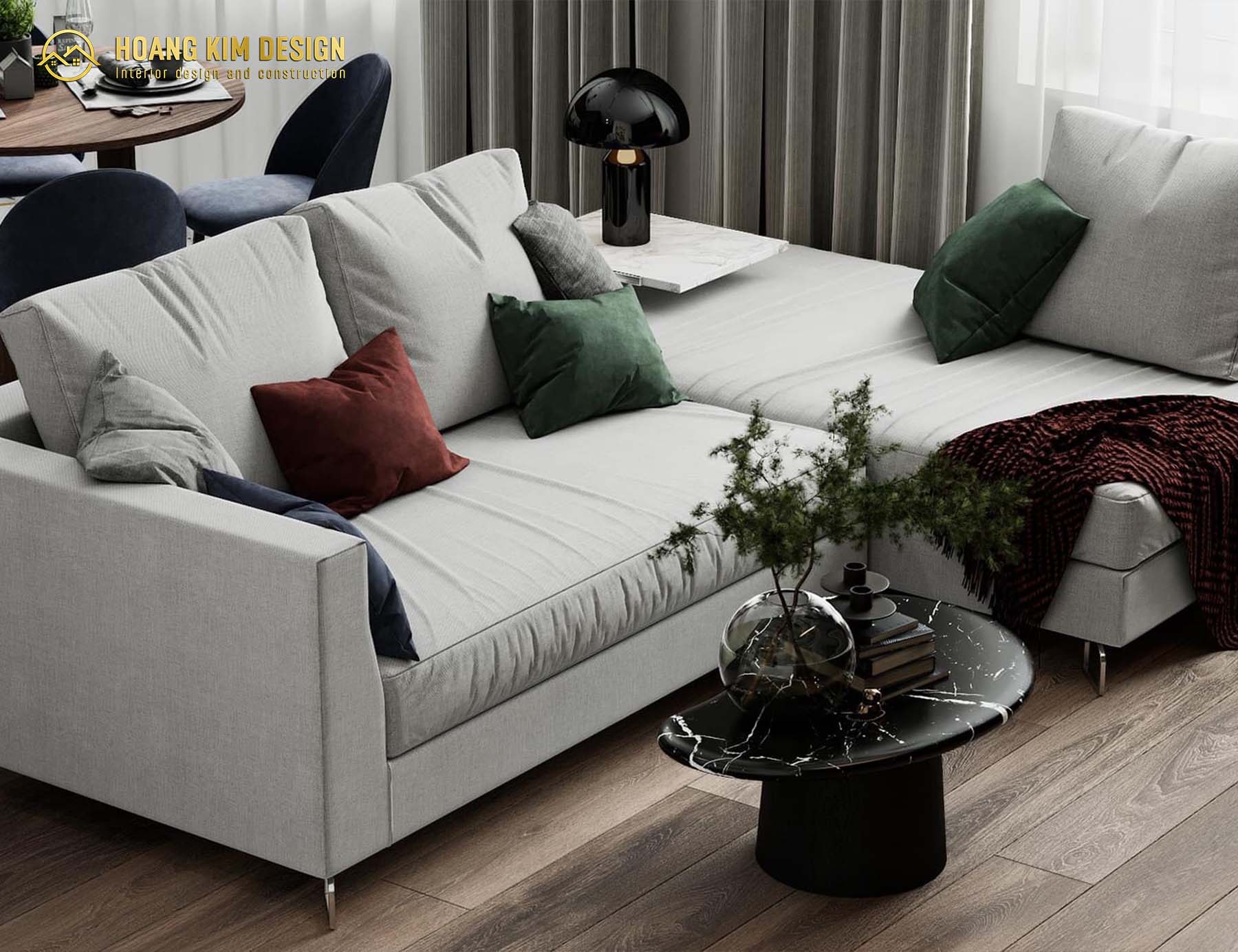 Bộ ghế sofa màu ghi nhạt nhã nhặn được bày giữa không gian