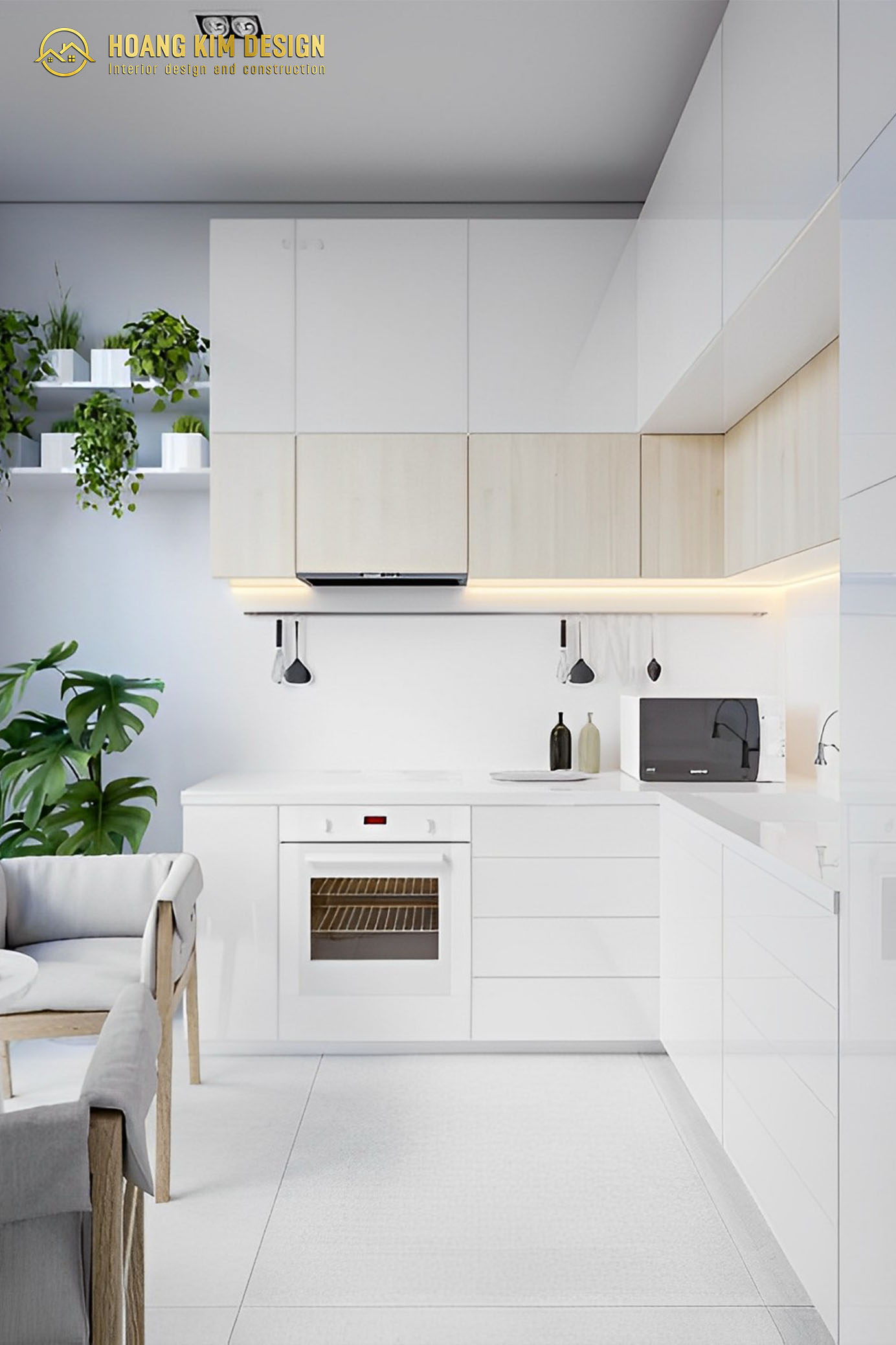 Khi thiết kế phòng bếp với phong cách tối giản, bạn nên lựa chọn nguồn sáng hợp lý